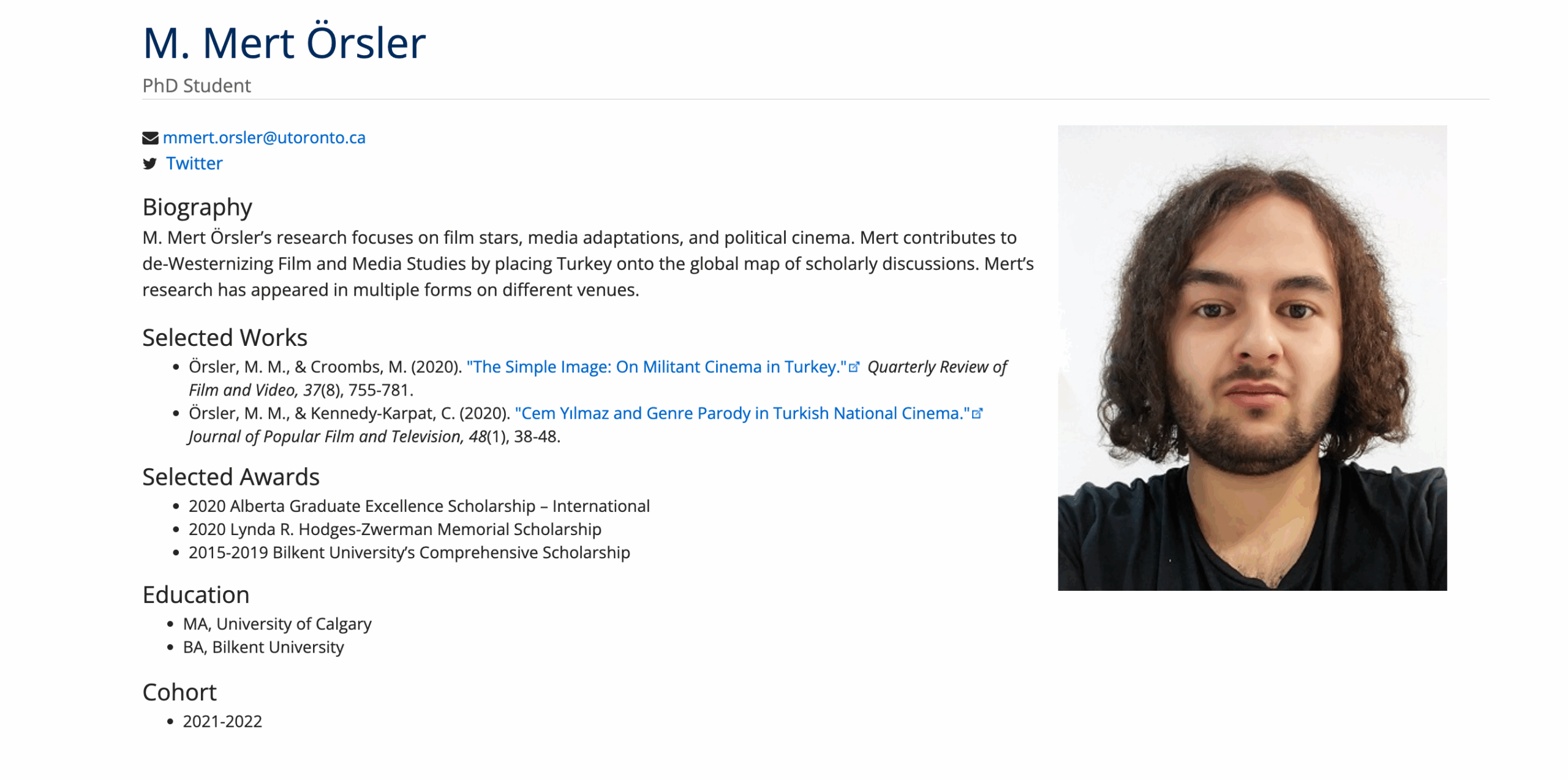 COMD Alumnus M. Mert Örsler (’19) received the 2022 Atom Egoyan Cinema Studies Scholarship