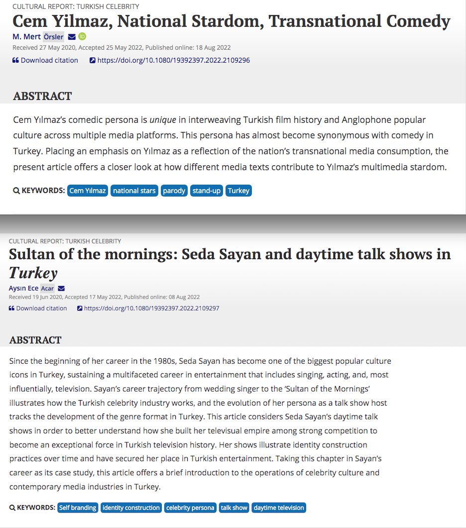 COMD Alumni M. Mert Örsler and Aysın Ece Acar Published in Celebrity Studies Journal